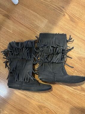 Grey Minnetonka Fringe Moccasin Boots - Women's